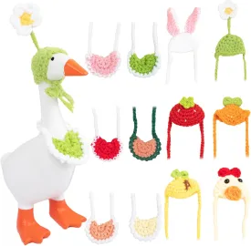 12 PCS Mini Desk Goose Outfits 7 Inch Magnetic Goose Statue Key Holder Clothes Mini Porch Goose Outfits Knitted Hats with Adjustable Strap and Bib for Table Decor