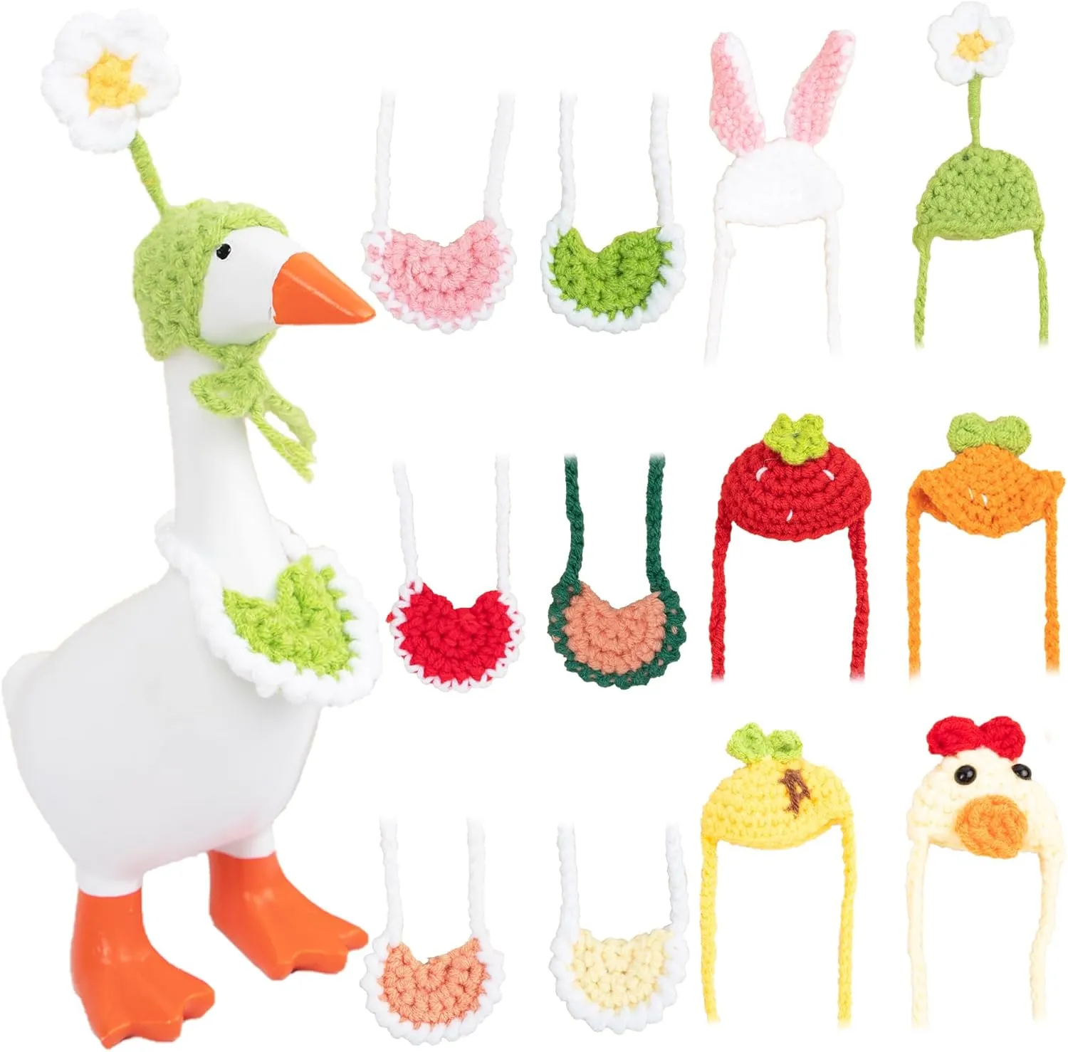 12 PCS Mini Desk Goose Outfits 7 Inch Magnetic Goose Statue Key Holder Clothes Mini Porch Goose Outfits Knitted Hats with Adjustable Strap and Bib for Table Decor