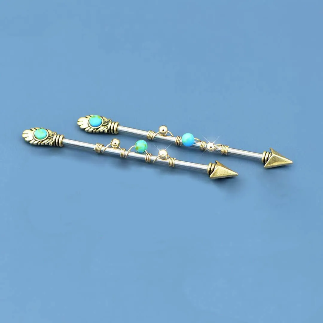 14G Gold Feather Arrow Beads Winding Industrial Barbell