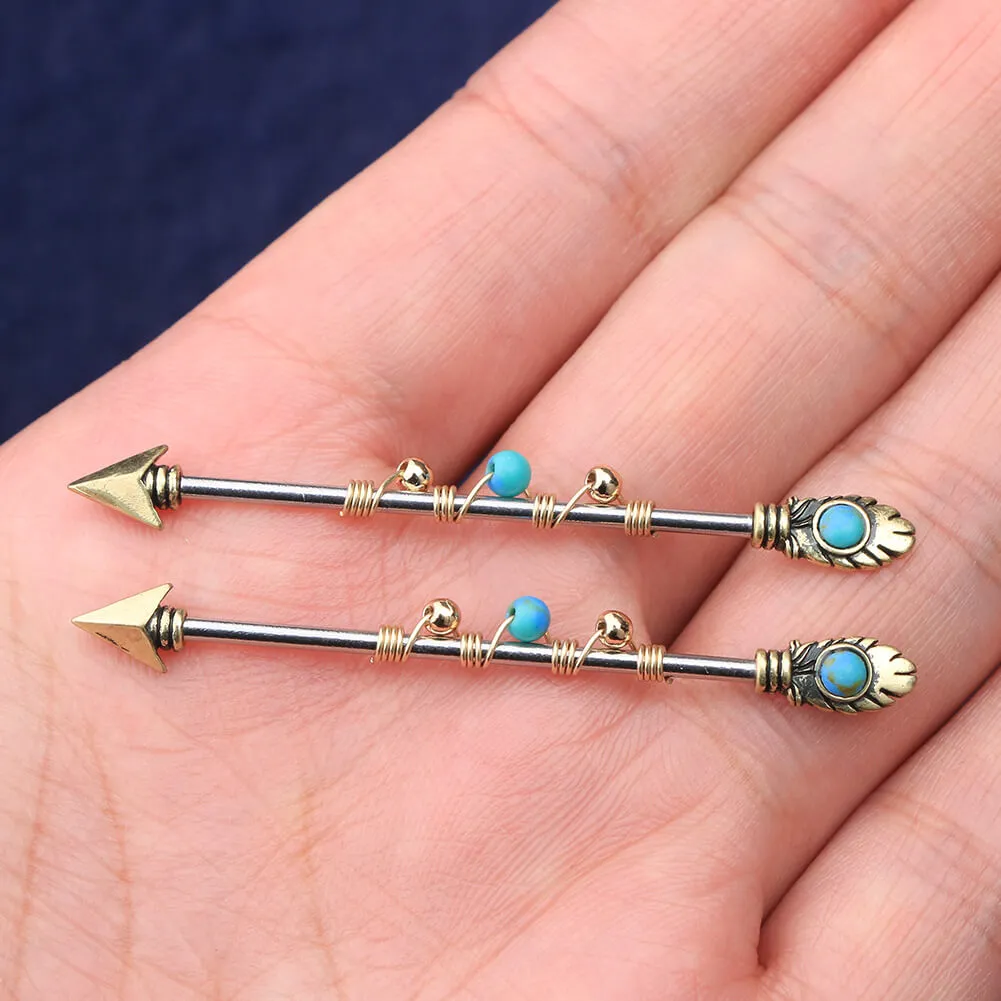 14G Gold Feather Arrow Beads Winding Industrial Barbell