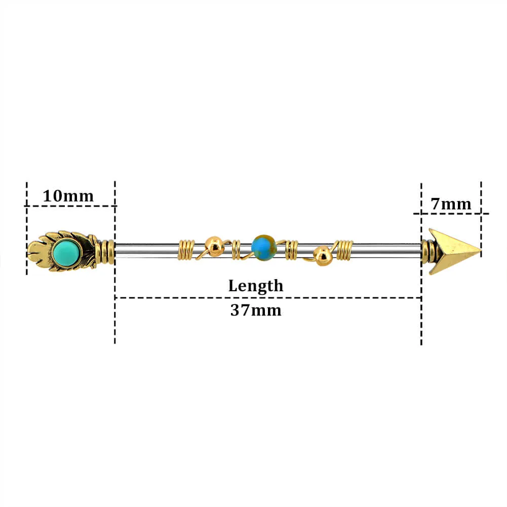 14G Gold Feather Arrow Beads Winding Industrial Barbell