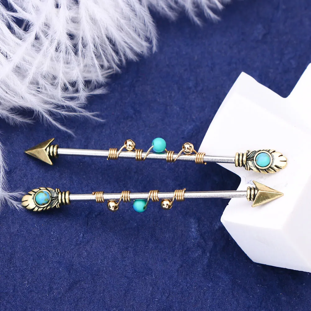 14G Gold Feather Arrow Beads Winding Industrial Barbell