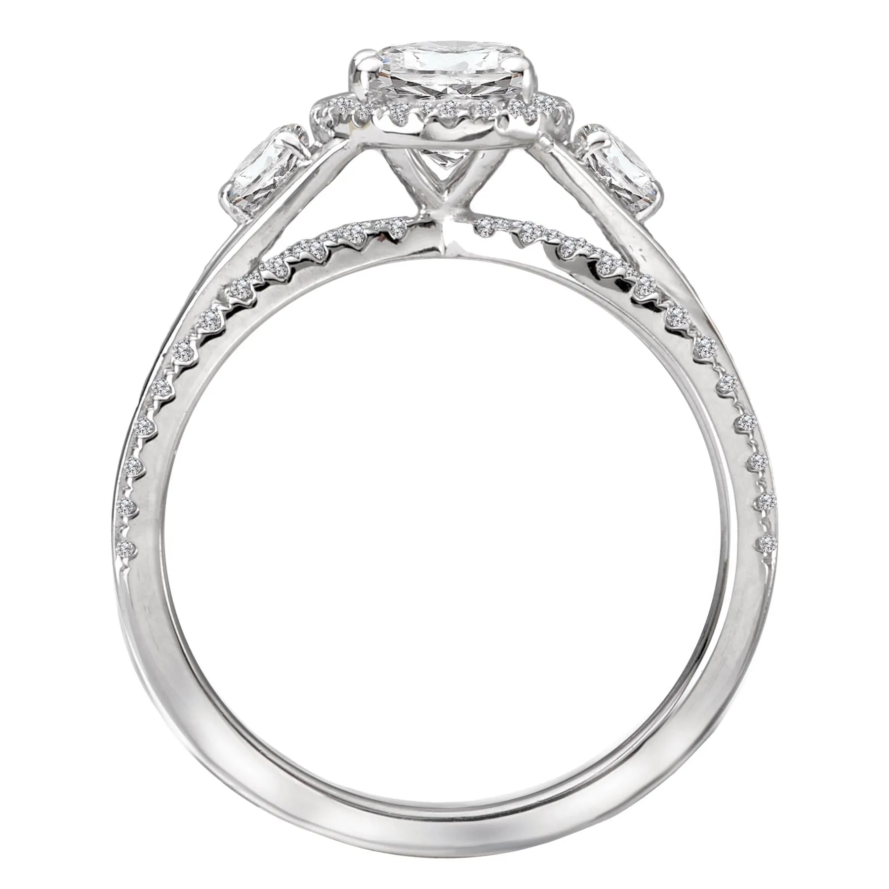 14KT Gold 1 1/2 CTW Oval Diamond Intertwined 3 Stone Halo Ring