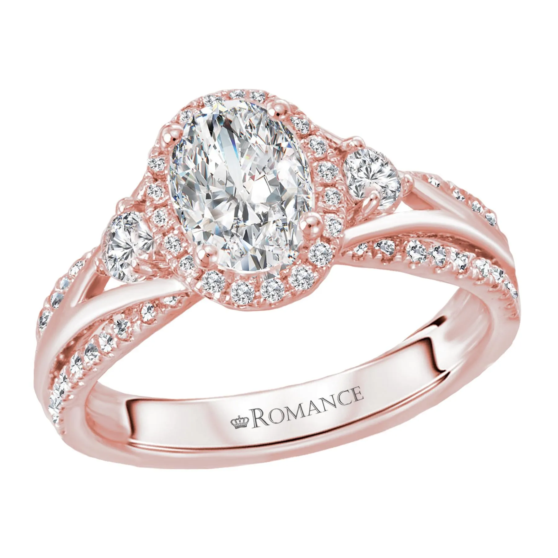 14KT Gold 1 1/2 CTW Oval Diamond Intertwined 3 Stone Halo Ring