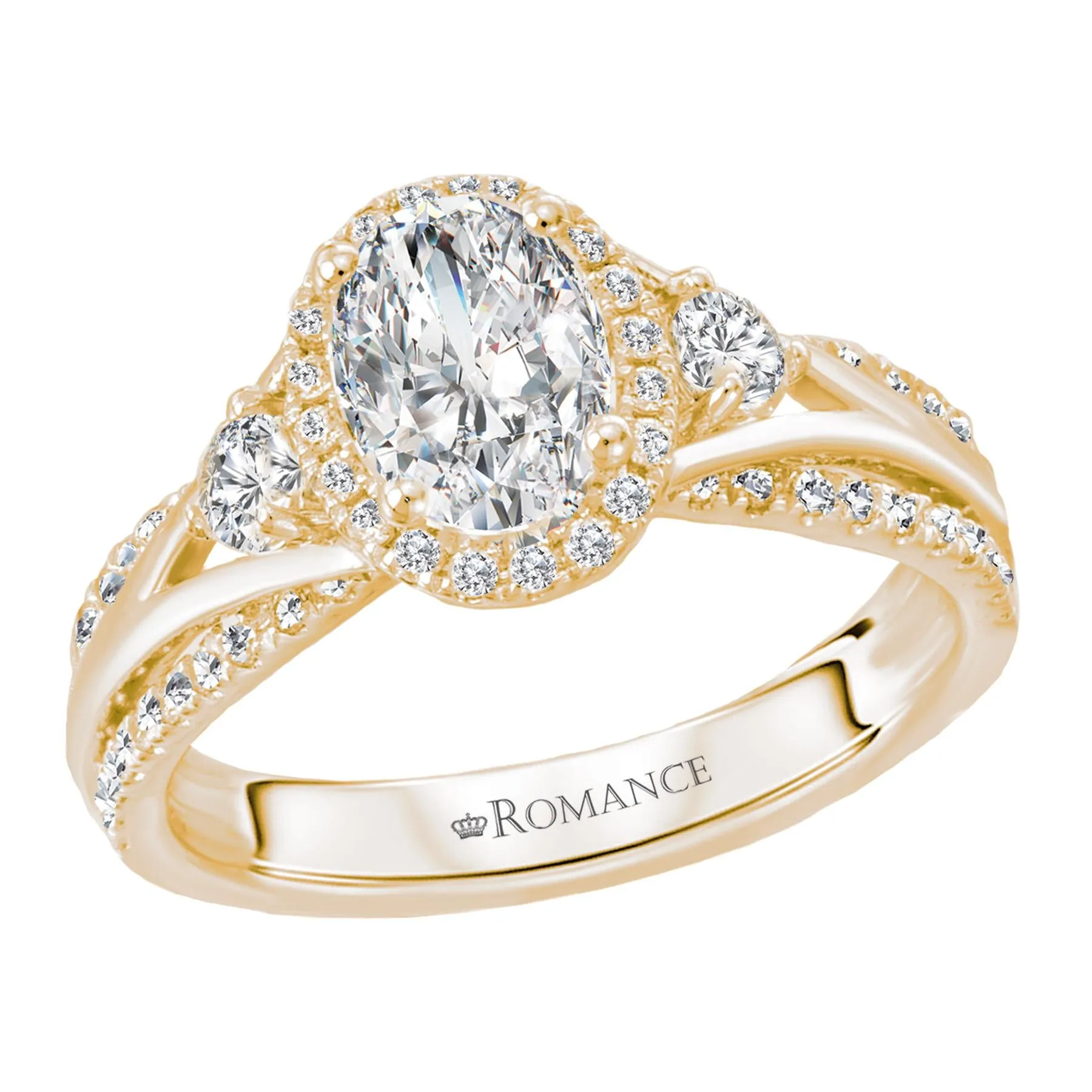14KT Gold 1 1/2 CTW Oval Diamond Intertwined 3 Stone Halo Ring
