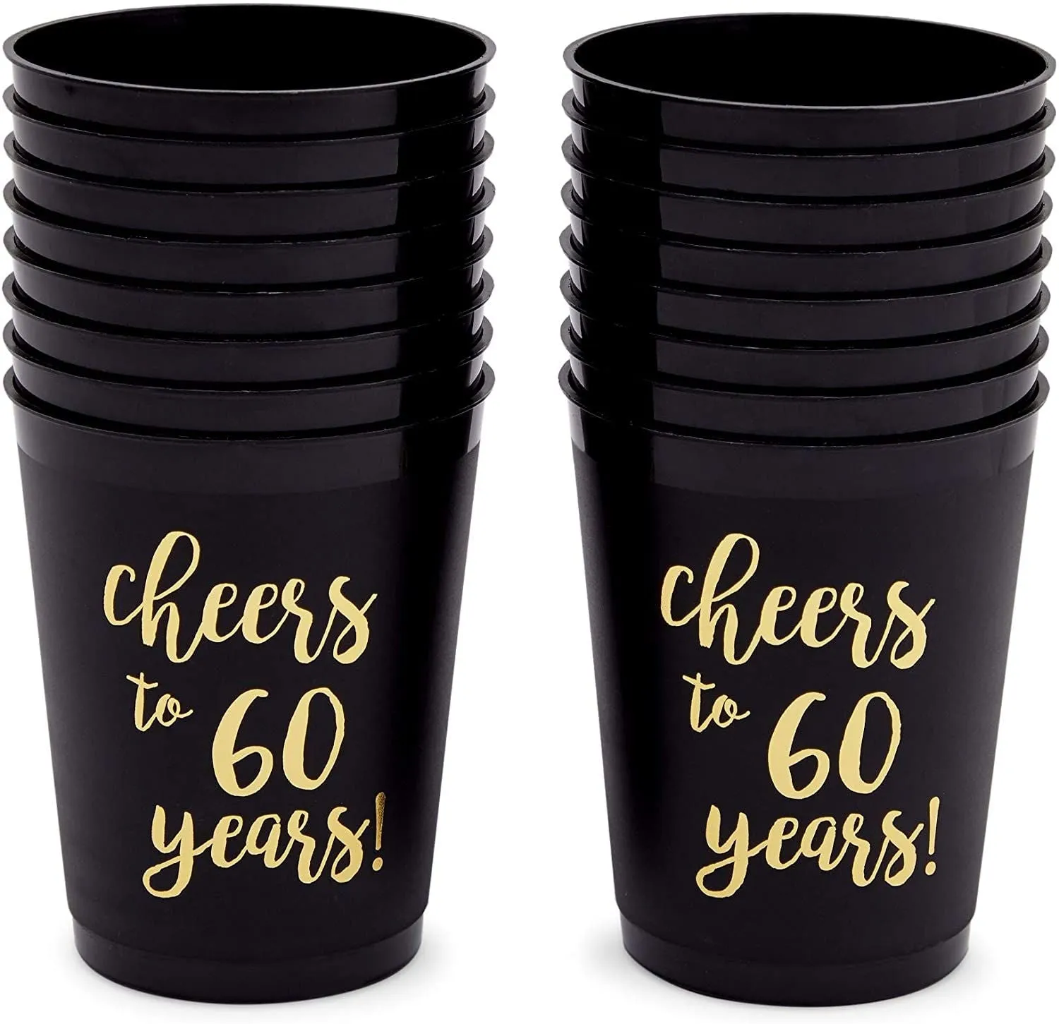 16 Pack Cheers to 60 Years Plastic Party Cups - 60th Birthday Decorations for Men and Women, Anniversaries (Black, 16 oz)