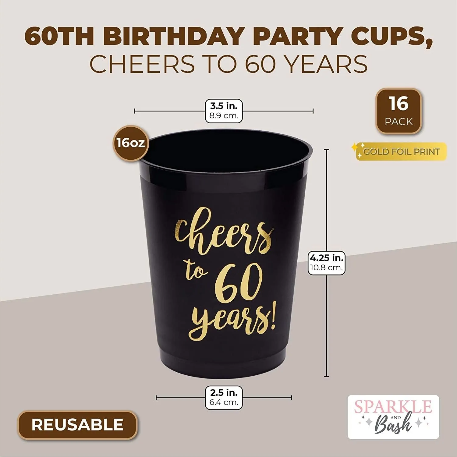 16 Pack Cheers to 60 Years Plastic Party Cups - 60th Birthday Decorations for Men and Women, Anniversaries (Black, 16 oz)