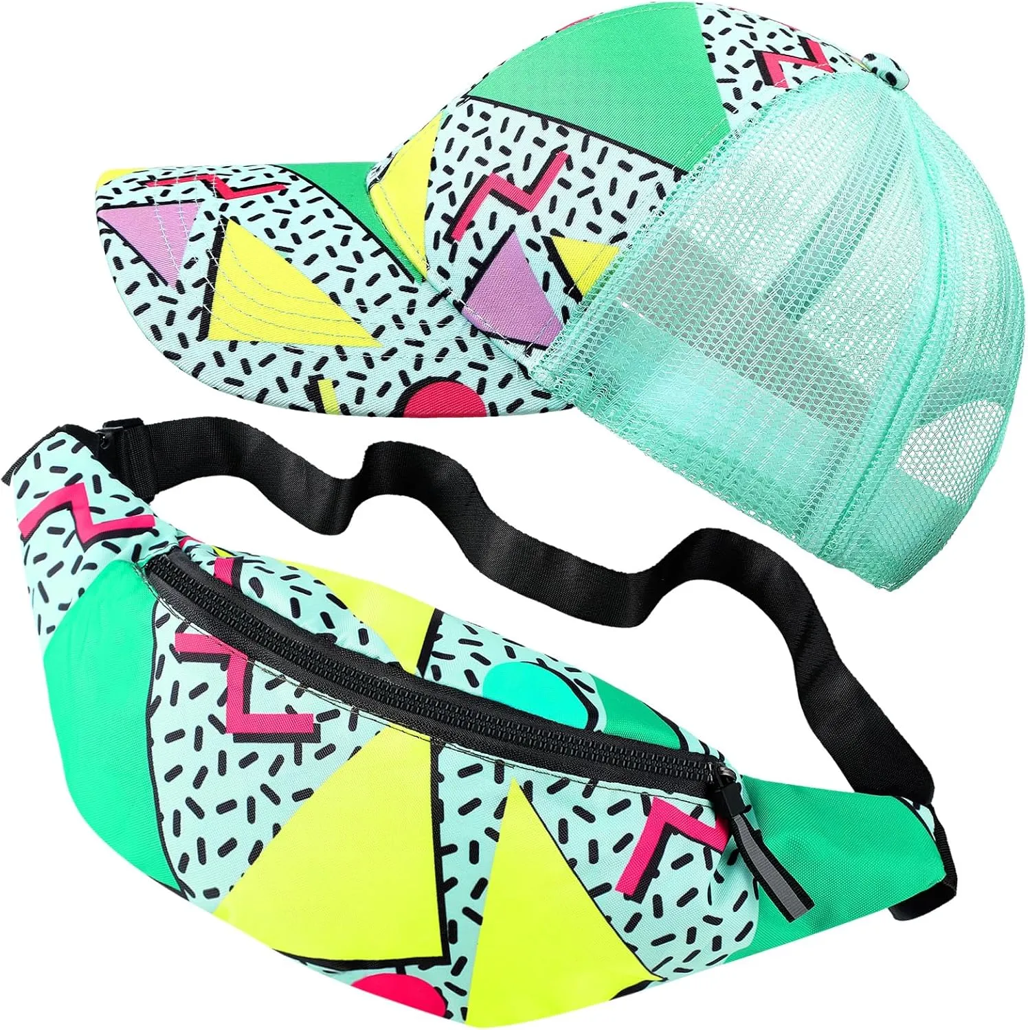 2 Pcs Retro 80s 90s Outfits for Women Men Fanny Pack and Hat Costumes Accessories for Party Decorations