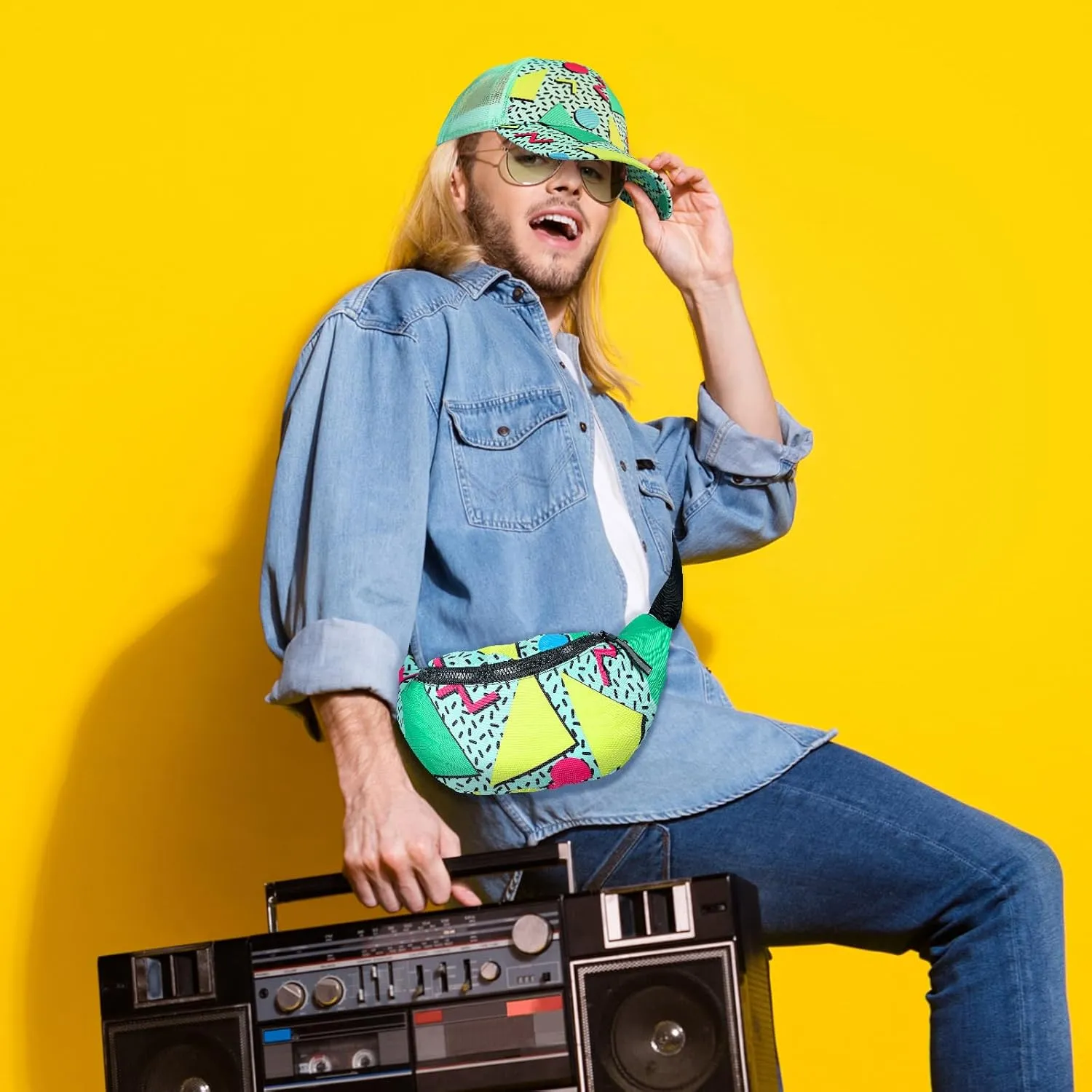 2 Pcs Retro 80s 90s Outfits for Women Men Fanny Pack and Hat Costumes Accessories for Party Decorations