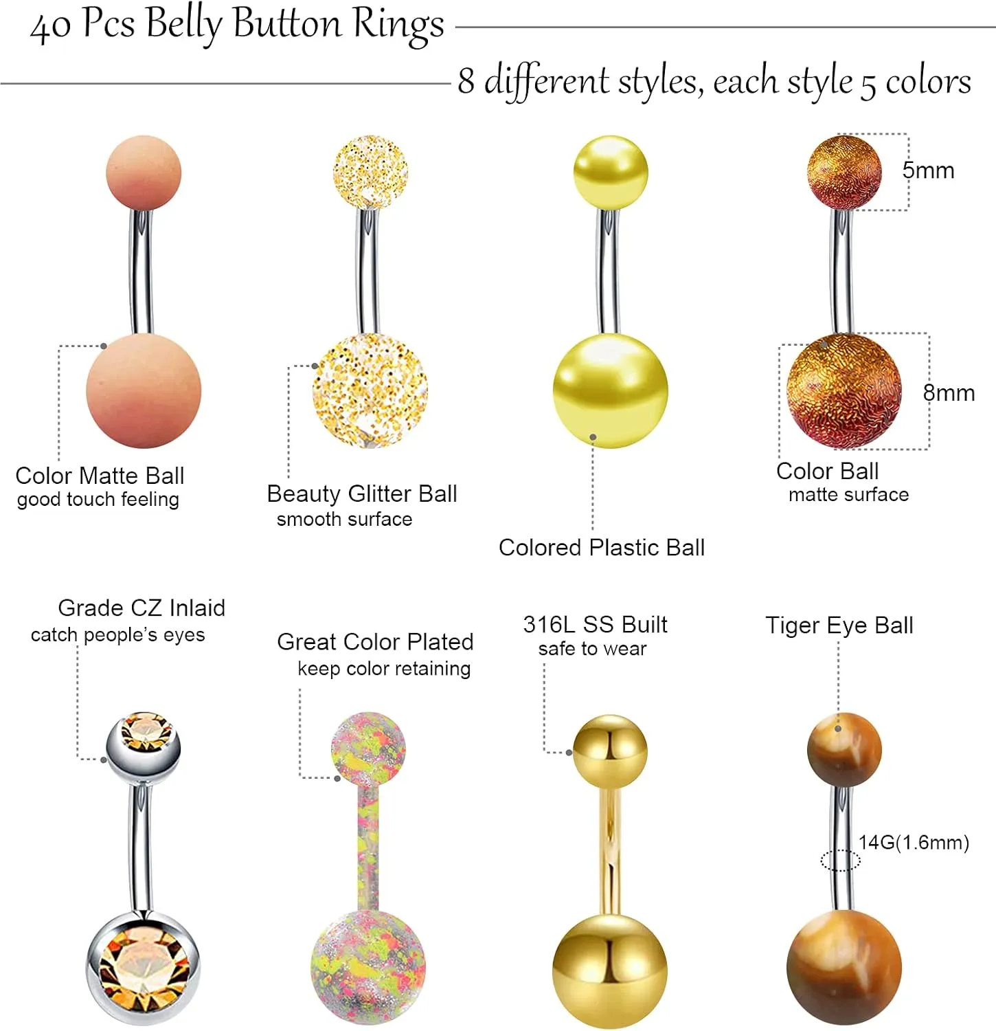 24-50Pcs 14G Stainless Steel Belly Button Rings for Women CZ Screw Navel Bars Body Piercing Jewelry