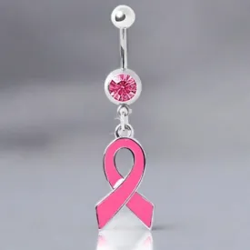 316L Gemmed Navel Ring with Enameled Pink Awareness Ribbon Dangle