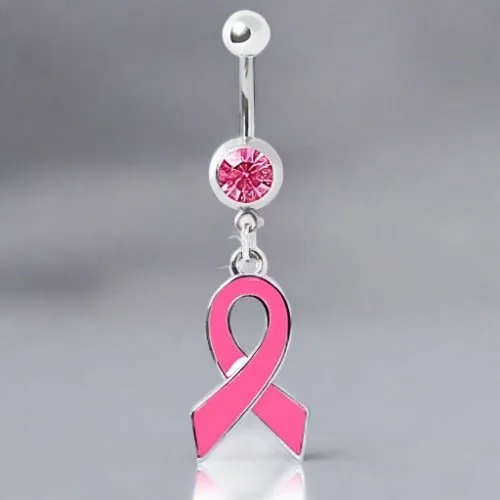 316L Gemmed Navel Ring with Enameled Pink Awareness Ribbon Dangle