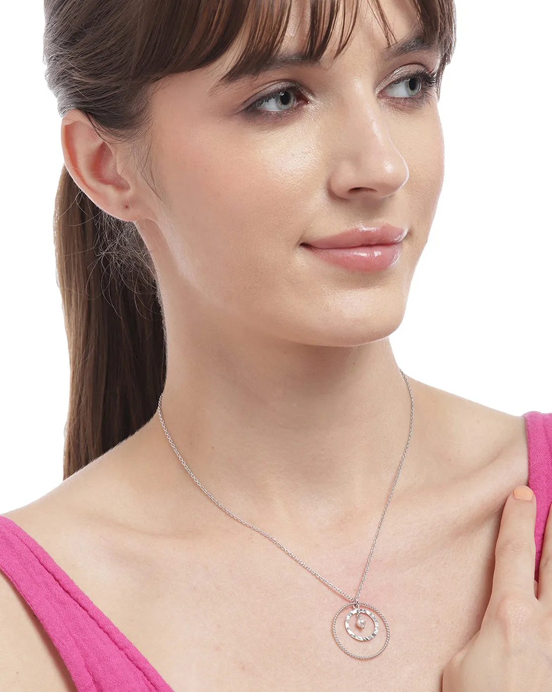 925 Sterling Silver Geometric & Pearl Pendant & Chain With Rhodium Plating