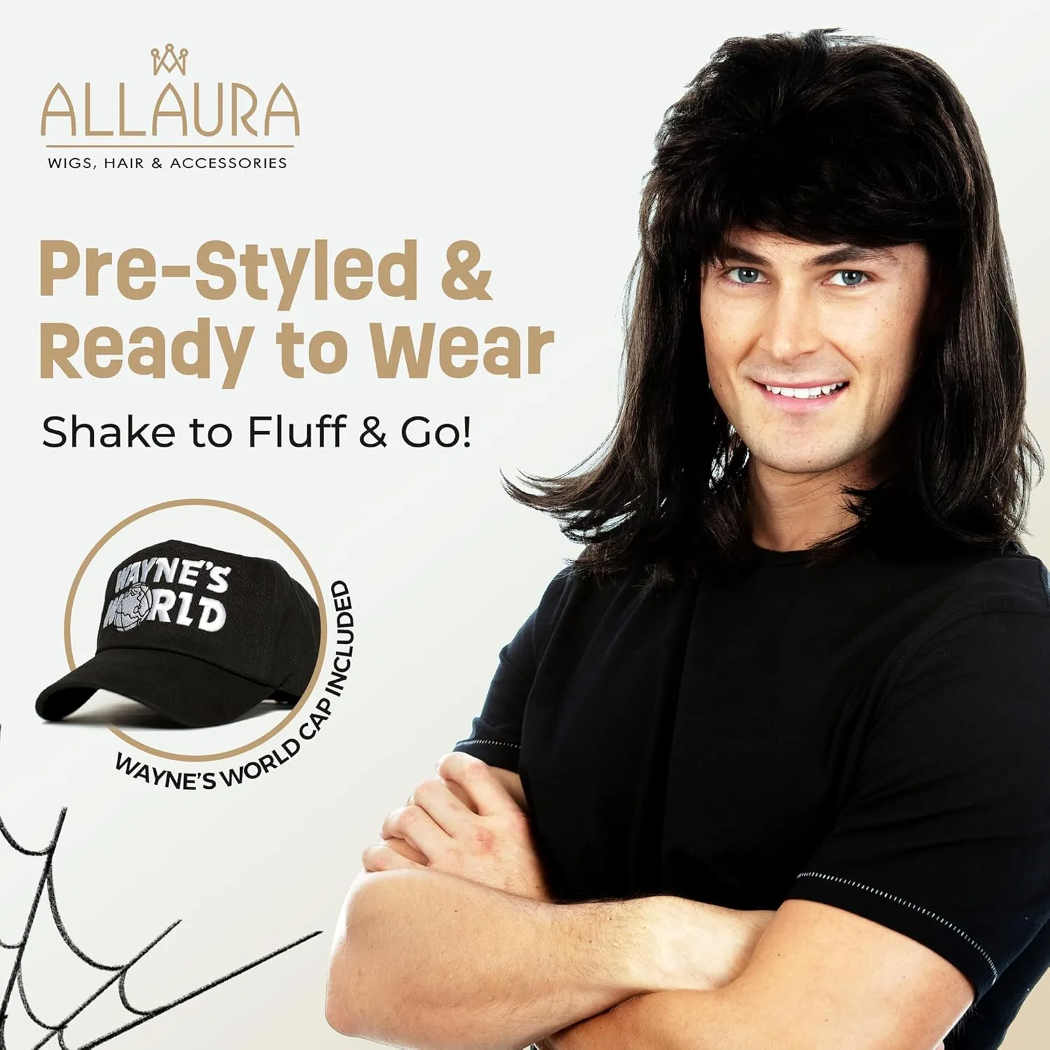 ALLAURA Compatible with Waynes World Wig and Hat  Black Mullet Wig with Waynes Cap for Men  80s Rocker Costume, Heavy Metal Look, 1980s Party Outfit, Funny Halloween or Couples Costume Accessory