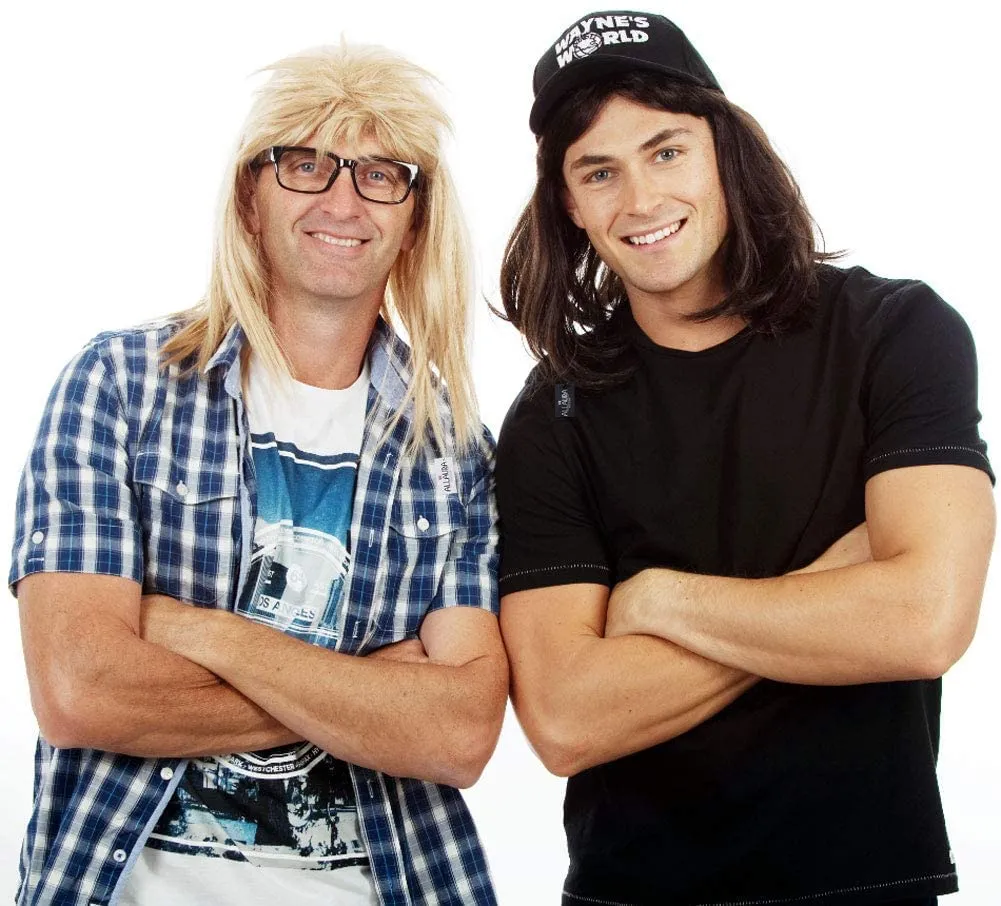 ALLAURA Compatible with Waynes World Wig and Hat  Black Mullet Wig with Waynes Cap for Men  80s Rocker Costume, Heavy Metal Look, 1980s Party Outfit, Funny Halloween or Couples Costume Accessory