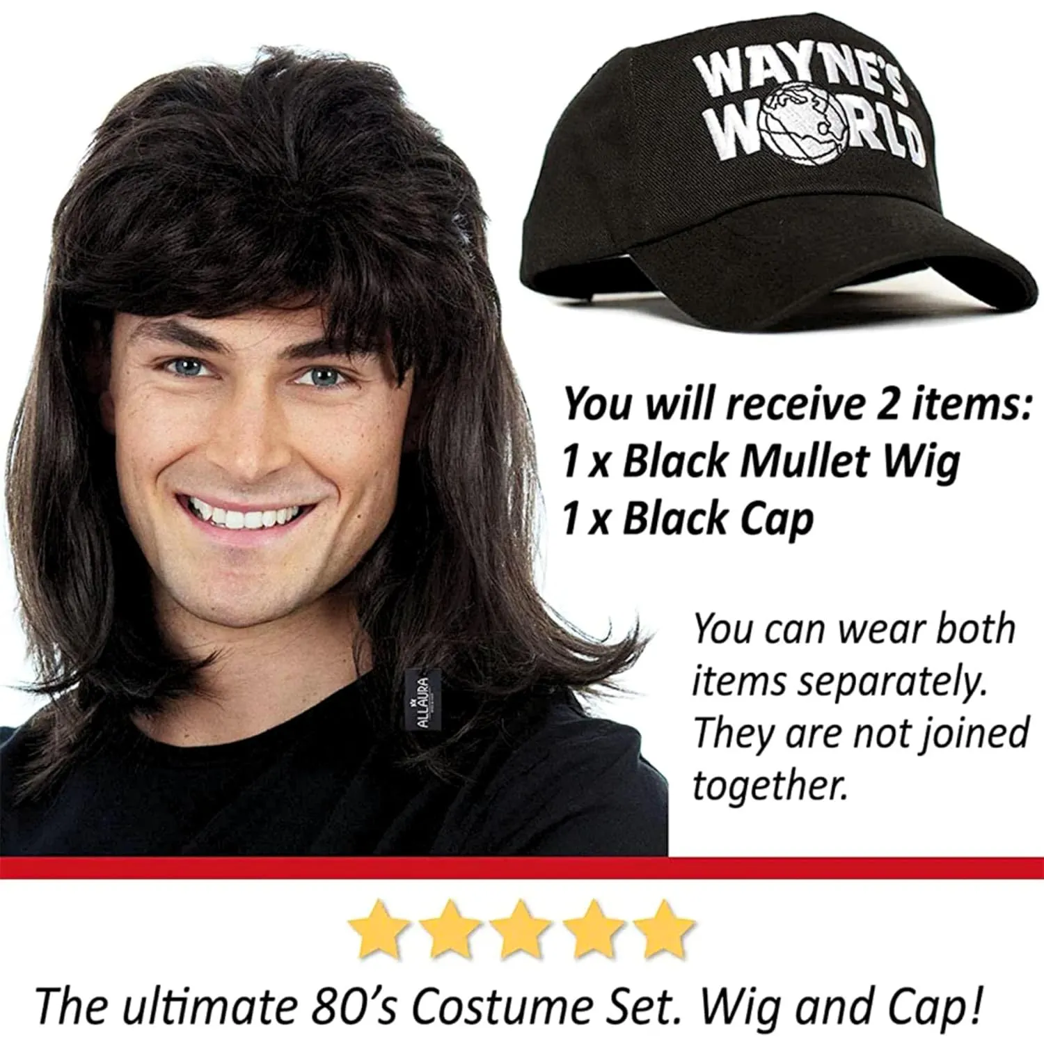 ALLAURA Compatible with Waynes World Wig and Hat  Black Mullet Wig with Waynes Cap for Men  80s Rocker Costume, Heavy Metal Look, 1980s Party Outfit, Funny Halloween or Couples Costume Accessory