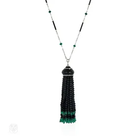 Art Deco French onyx, emerald, enamel, and diamond tassel necklace