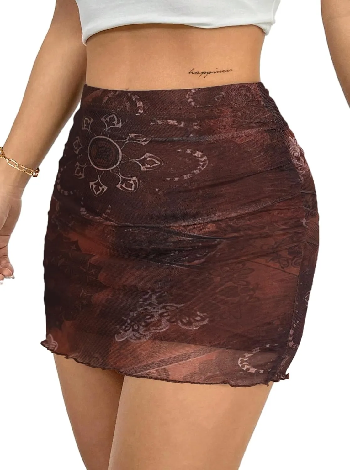 Avanova Women Mesh Bodycon Mini Skirt High Waist Ruched Summer Short Skirt