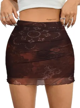 Avanova Women Mesh Bodycon Mini Skirt High Waist Ruched Summer Short Skirt