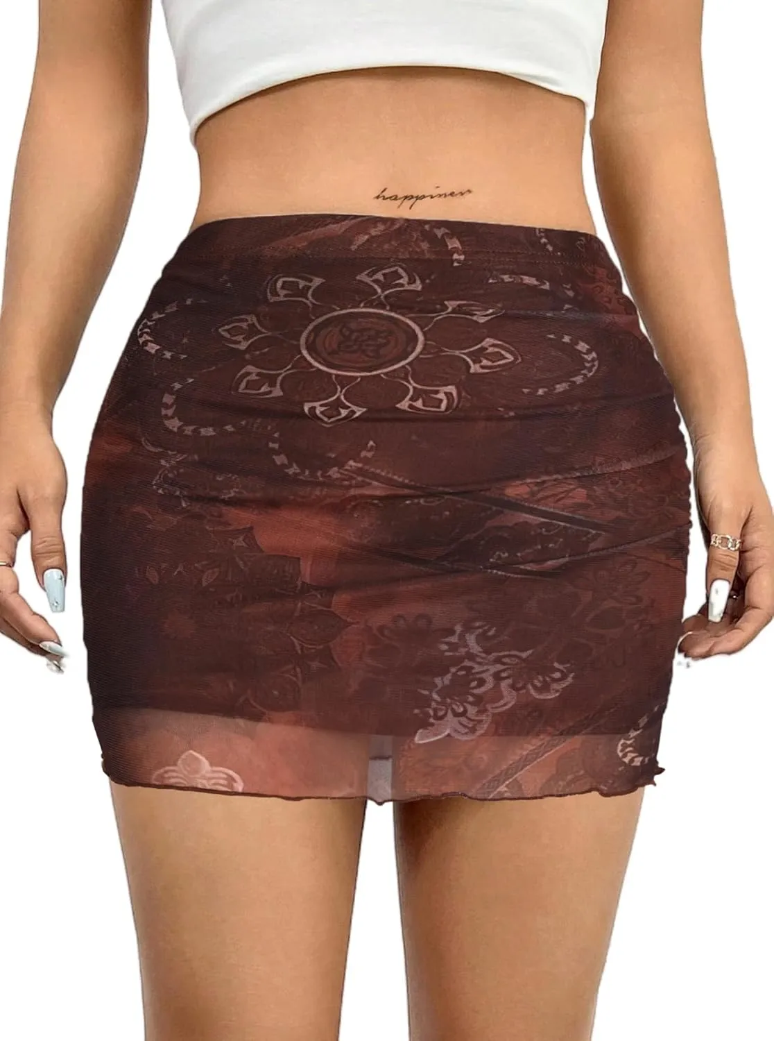 Avanova Women Mesh Bodycon Mini Skirt High Waist Ruched Summer Short Skirt