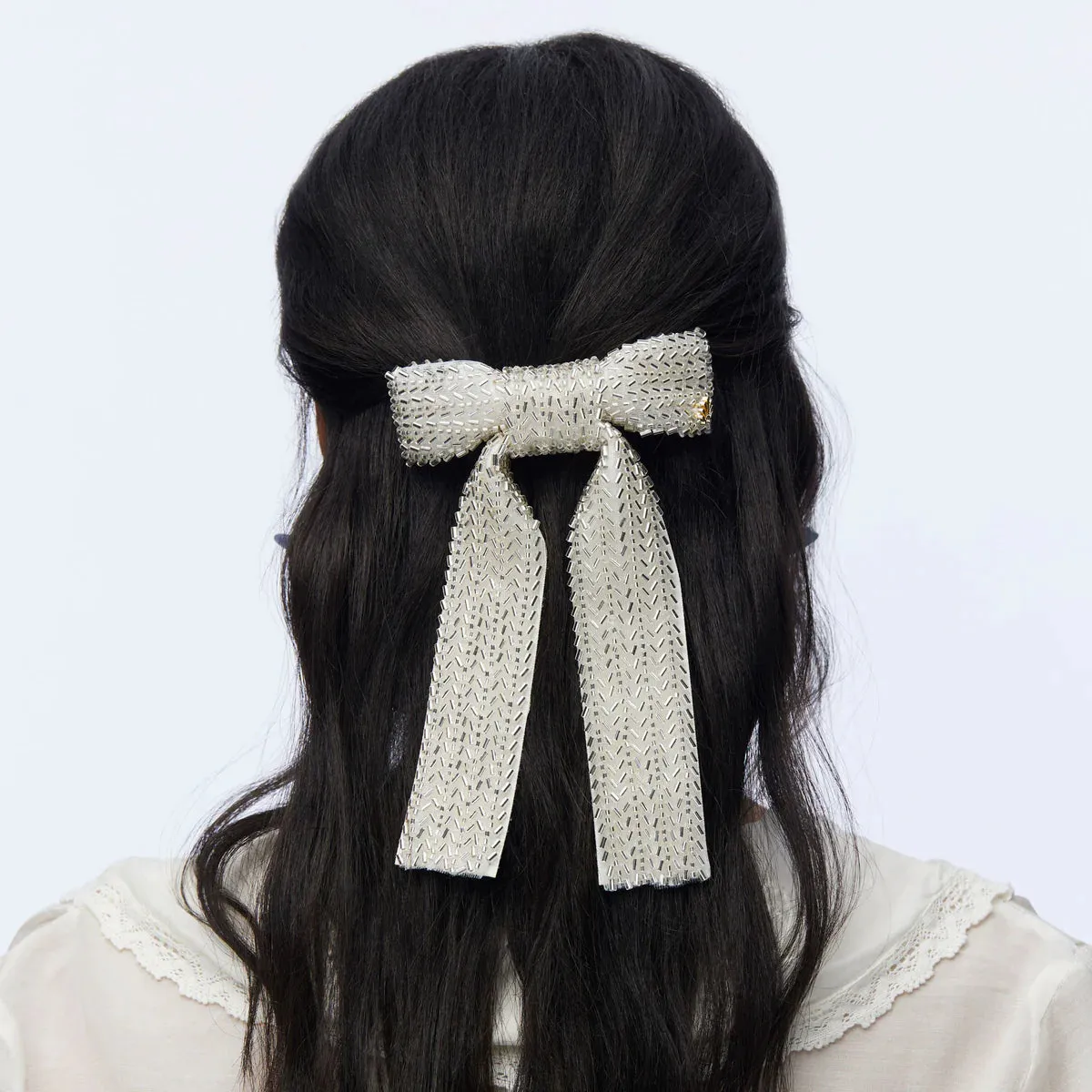 Beaded Bow Barrette ~ Silver Margot