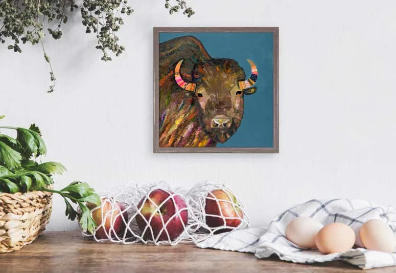 Bison With Ribbons In Her Hair - Blue Mini Framed Canvas