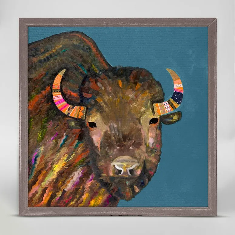 Bison With Ribbons In Her Hair - Blue Mini Framed Canvas