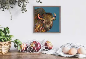 Bison With Ribbons In Her Hair - Blue Mini Framed Canvas