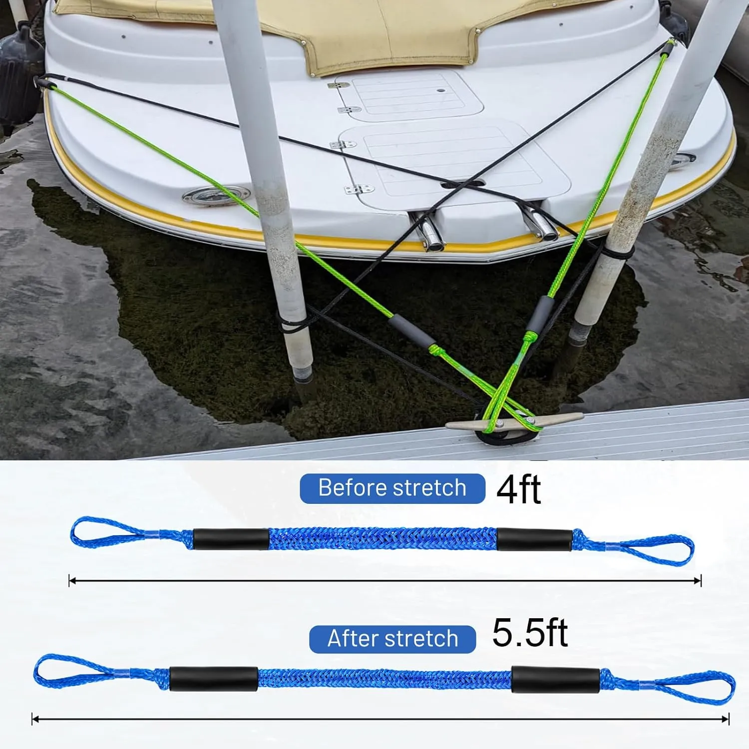 Boat Bungee Dock Lines, Mooring Rope for Docking with Loop, Boat Ropes, Boat Accessories, Quick and Easy Dock for PWC, Kayak, Jet Ski, Seadoo, WaveRunner, Pontoon, Bass Boat (Blue)