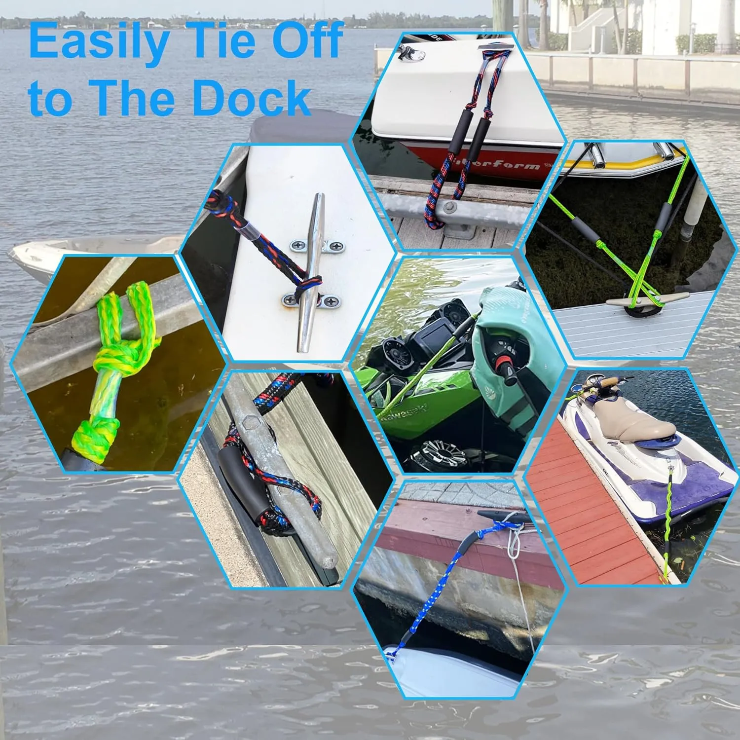Boat Bungee Dock Lines, Mooring Rope for Docking with Loop, Boat Ropes, Boat Accessories, Quick and Easy Dock for PWC, Kayak, Jet Ski, Seadoo, WaveRunner, Pontoon, Bass Boat (Blue)
