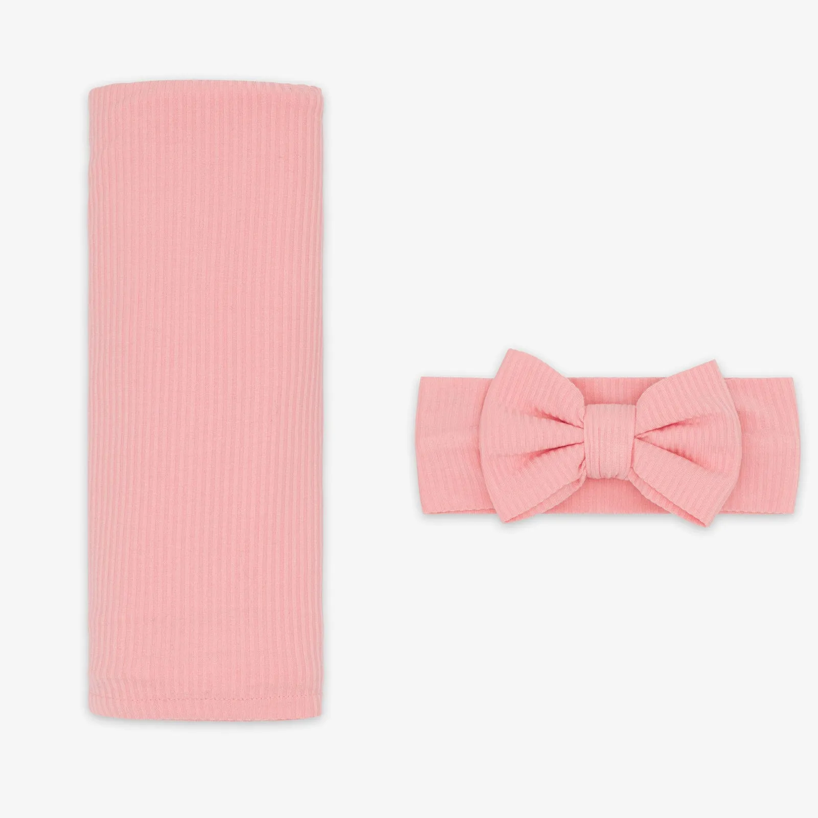 Bubblegum Ribbed Swaddle & Luxe Bow Headband Set