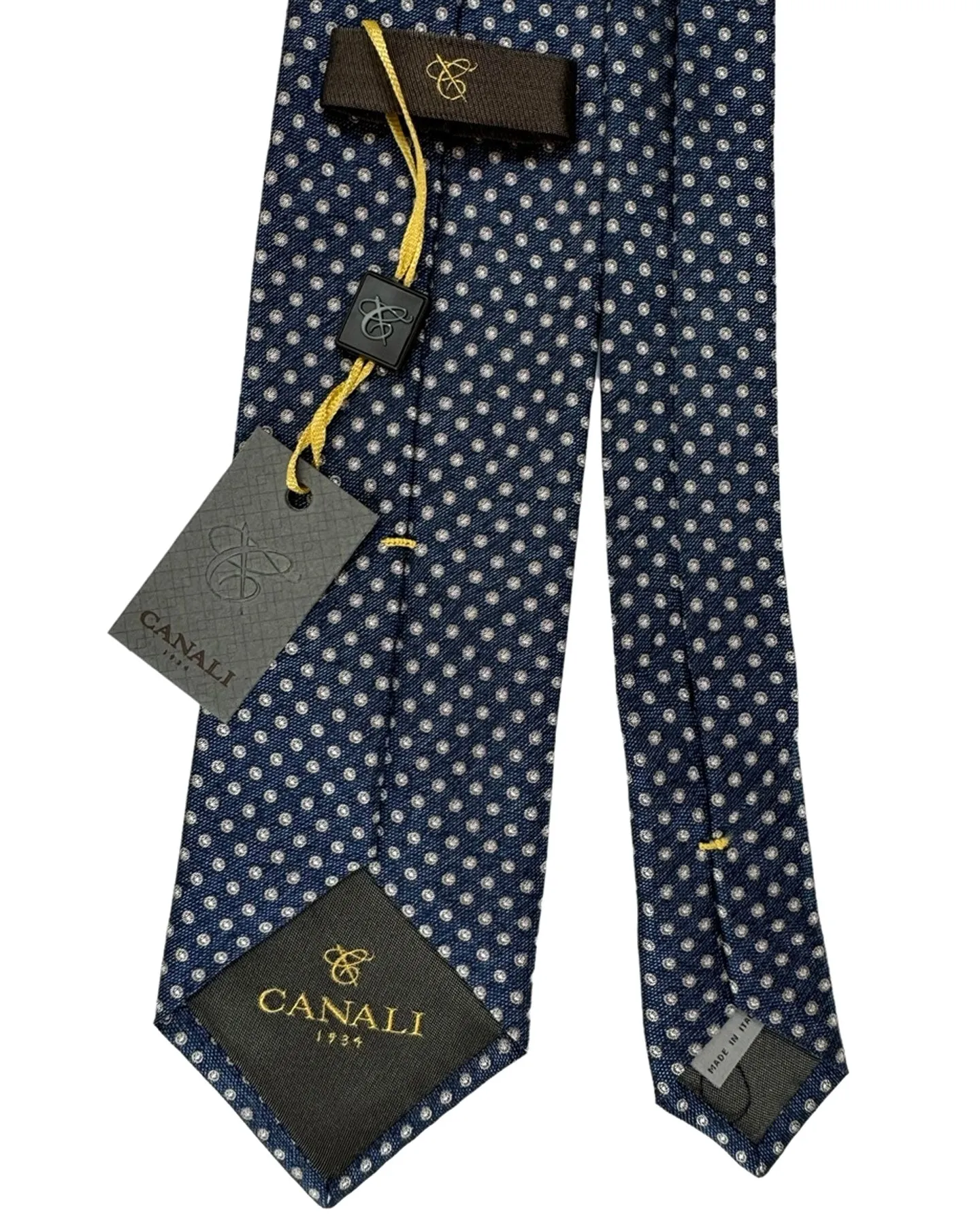 Canali Tie Dark Blue Silver Taupe Mini Dots - Jacquard Silk