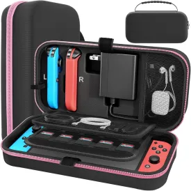 Carrying Case Compatible with Nintendo Switch/OLED - Fit for Joycon and AC Adapter, Portable Hard Shell Pouch Carrying Travel Bag for Accessories Holds 20 Game Cartridge, Pink