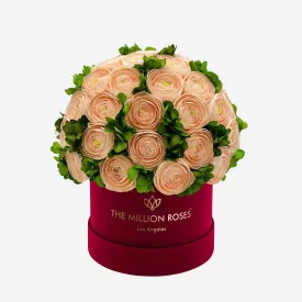 Classic Bordeaux Suede Box | Peach Persian Buttercups & Green Hydrangeas