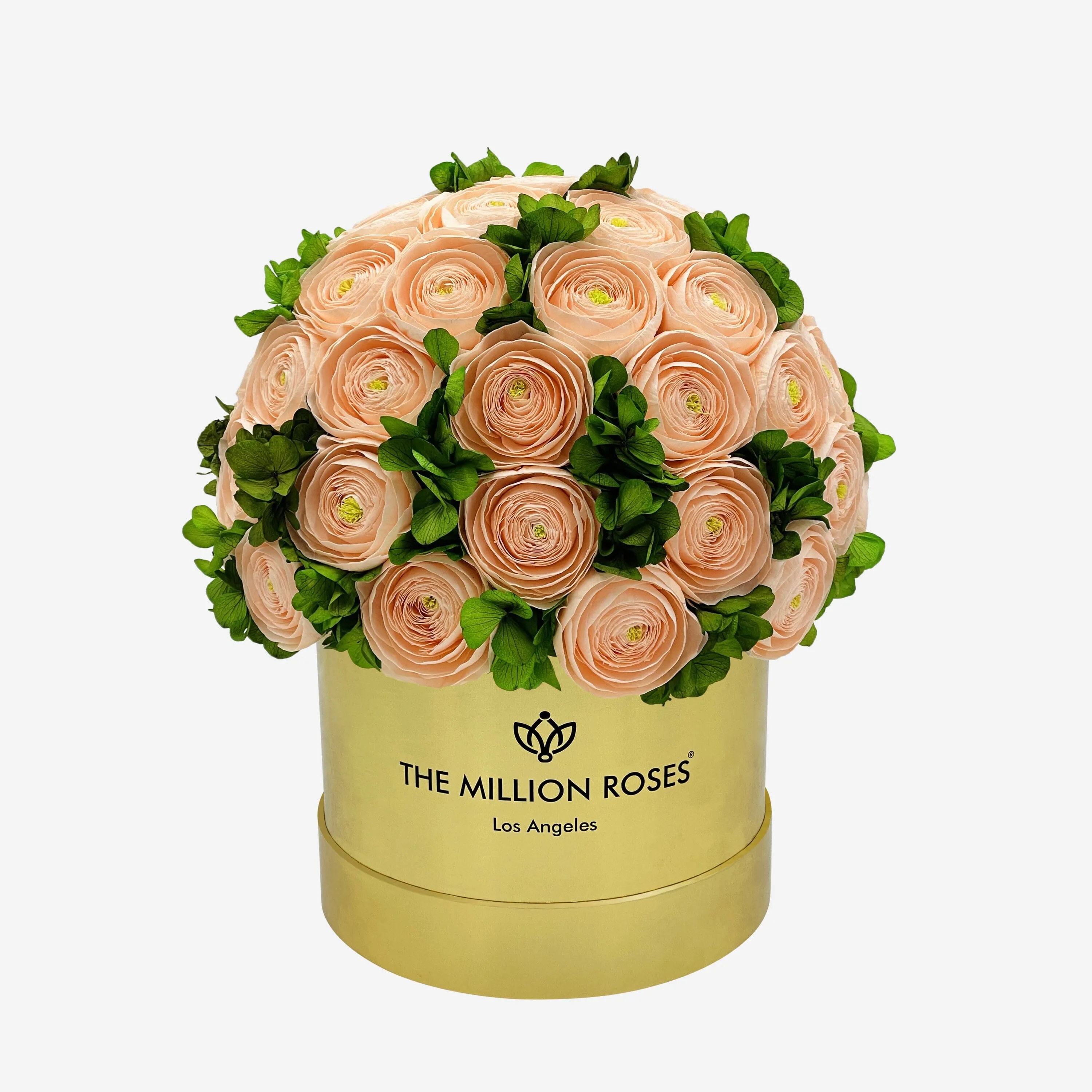 Classic Mirror Gold Box | Peach Persian Buttercups & Green Hydrangeas