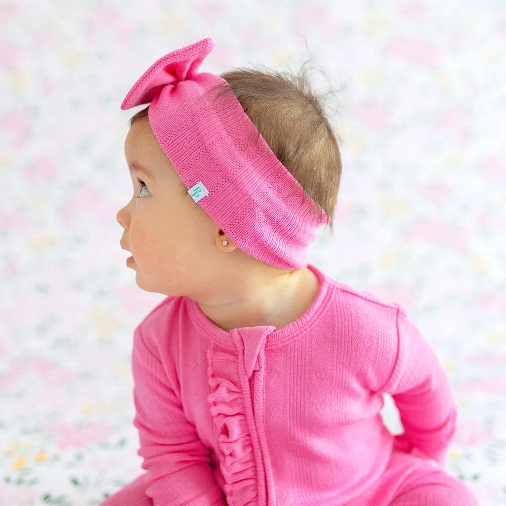 Luxe Pink Pointelle Bow Headwrap for Stylish Cruising