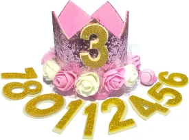Dog Birthday Hat Adjustable Reusable Crown for Dogs Cats Puppy Kitten Birthday Party Headband with Numbers(Pink)