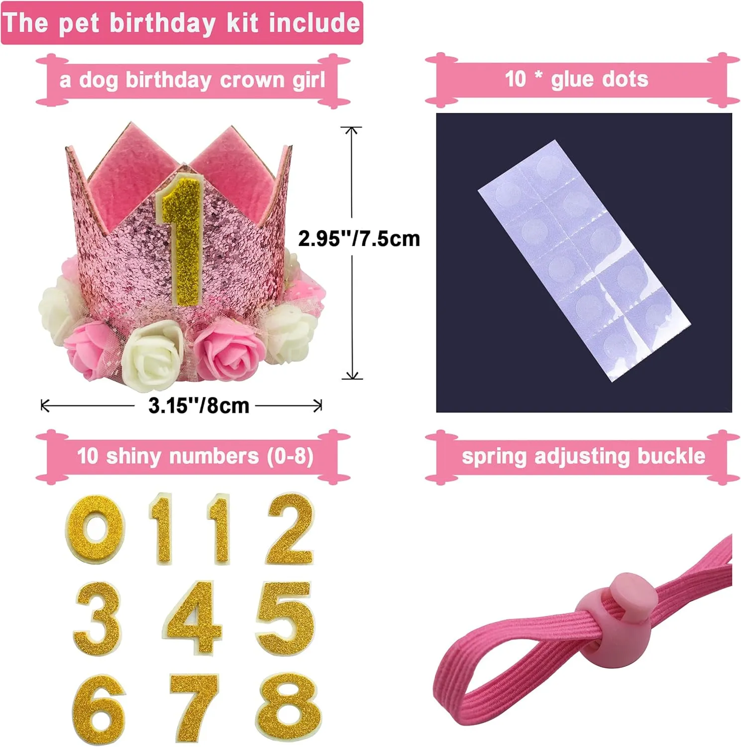 Dog Birthday Hat Adjustable Reusable Crown for Dogs Cats Puppy Kitten Birthday Party Headband with Numbers(Pink)