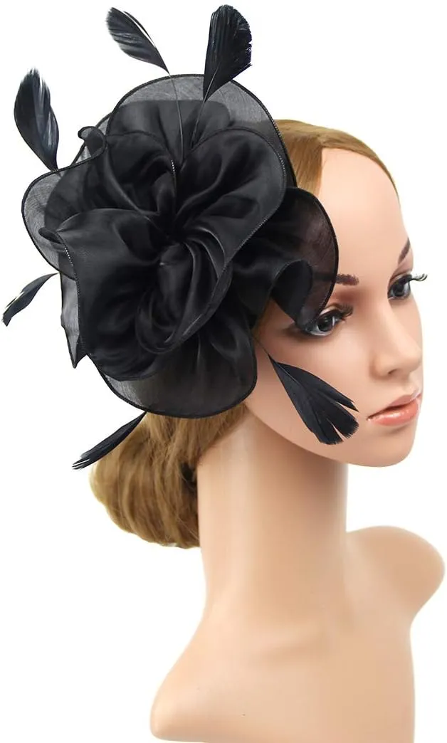 DRESHOW Fascinators Hat Tea Party Headwear Ribbons Feathers on a Headband and a Clip for Girls and Women