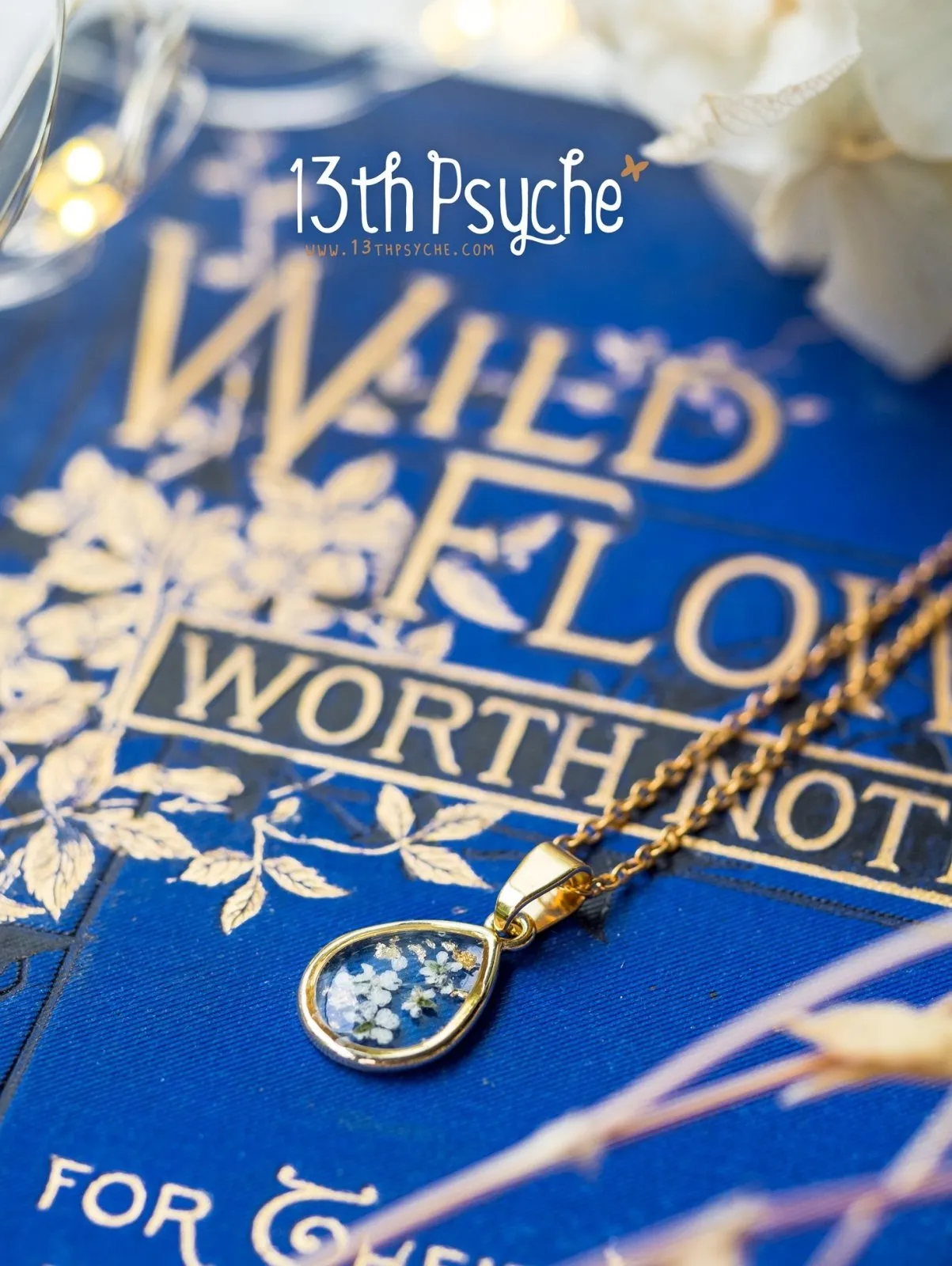 Dried white flowers and gold flakes resin teardrop pendant necklace