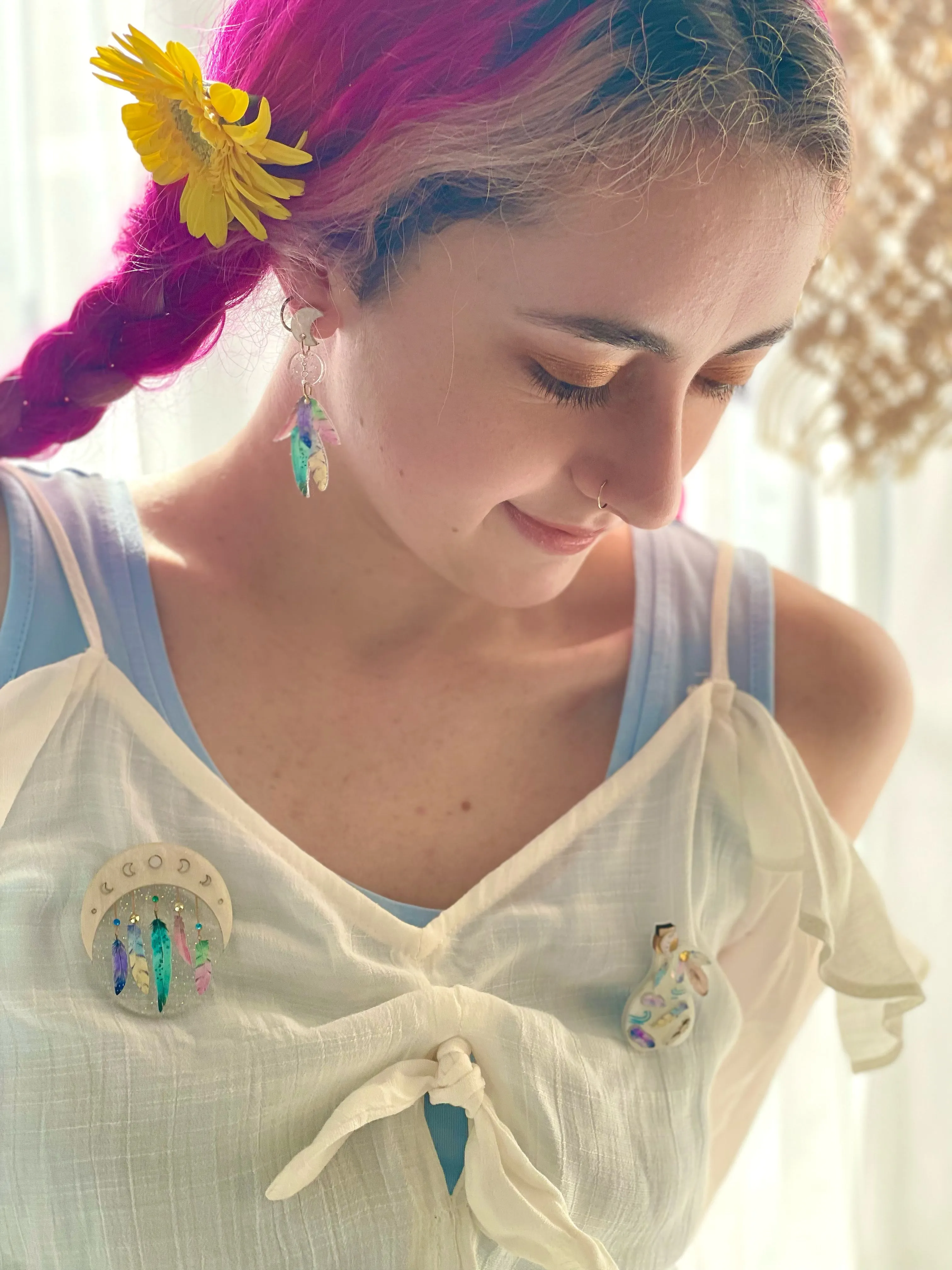 Feathers and moon - Mini Brooch
