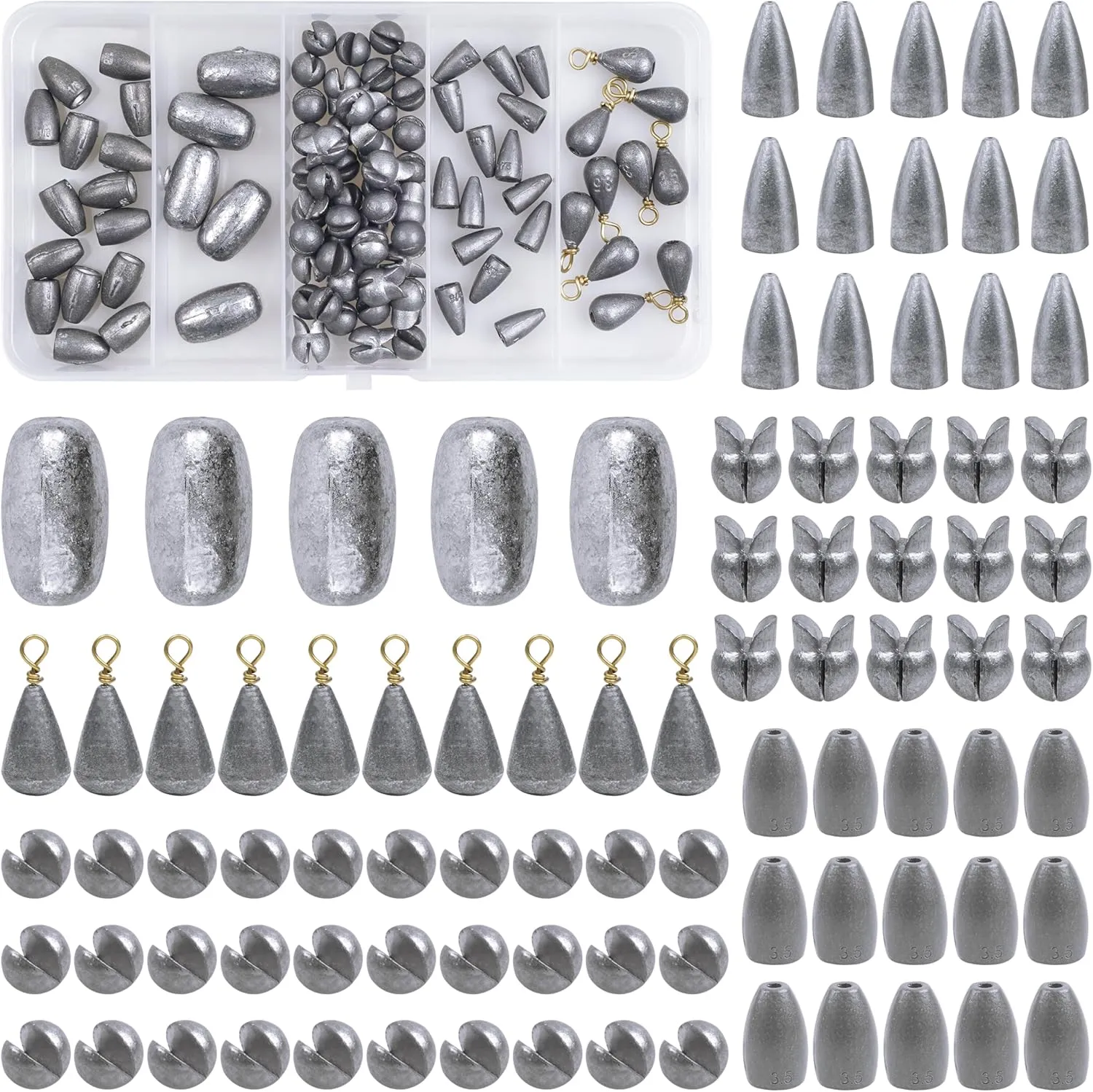 Fishing Weights Sinkers Kit, 90pcs Assorted Split Shot Fishing Weights Bullet Sinkers Weights Egg Sinkers Bass Casting Fishing Sinkers Set for Saltwater Freshwater