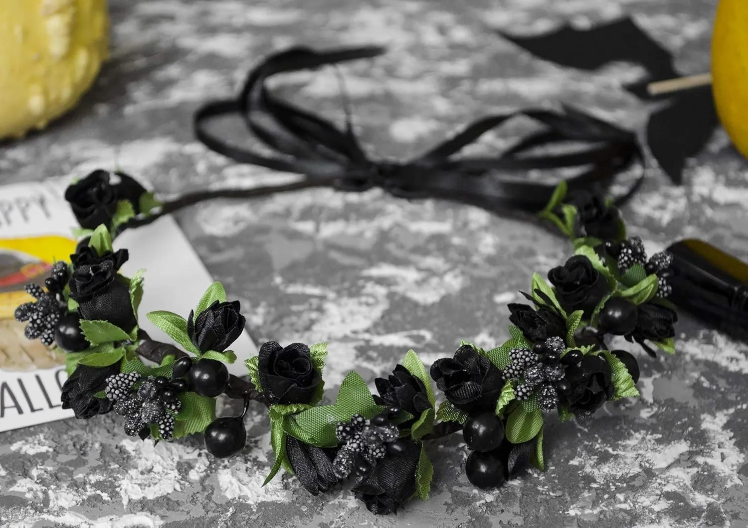 Flower Crown Floral Girls Headband - Black Headpiece Womens Wedding Bridal - Artificial Silk Roses Boho Wreath
