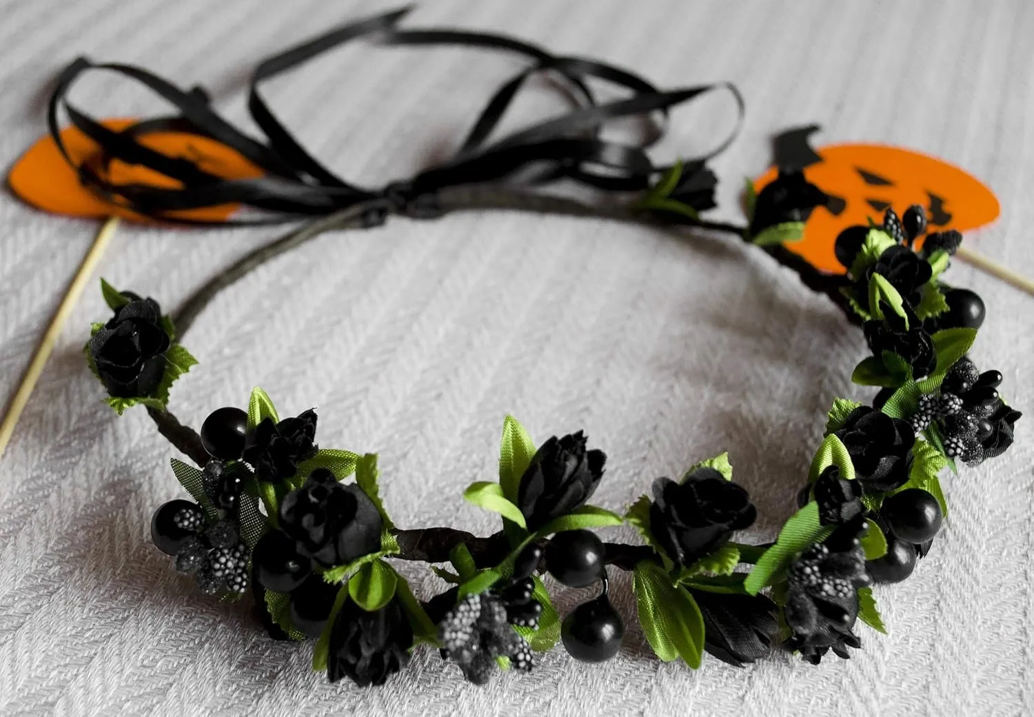 Flower Crown Floral Girls Headband - Black Headpiece Womens Wedding Bridal - Artificial Silk Roses Boho Wreath