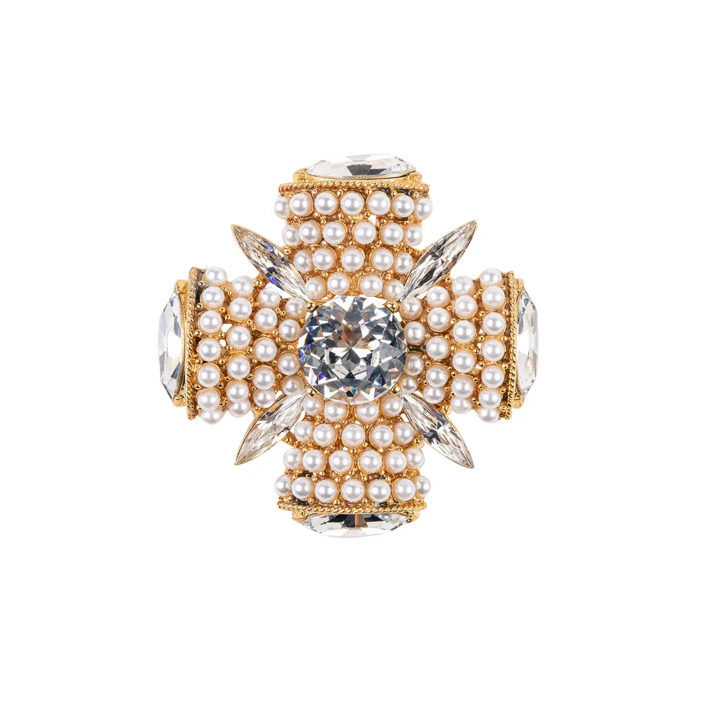 Gold and Pearl Crystal Side Cross Pin
