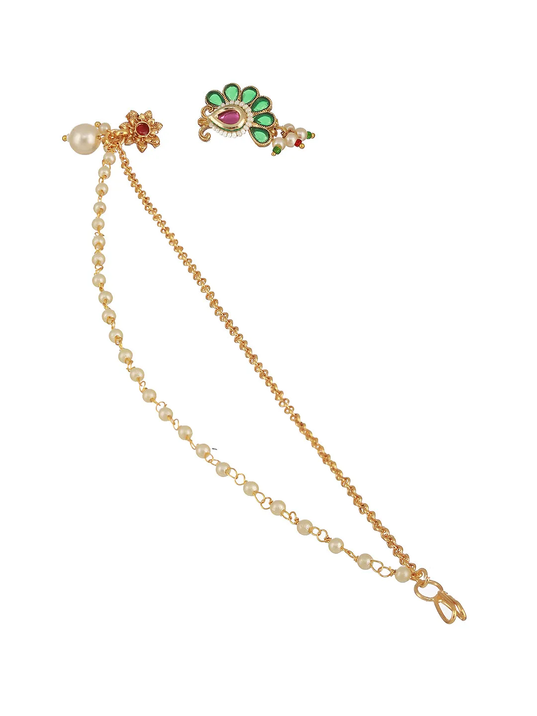 Gold-Plated White Kundan-Studded Clip-On Nose Pin With Beaded Extension