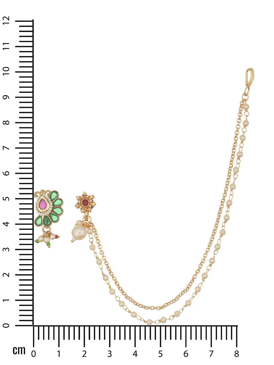 Gold-Plated White Kundan-Studded Clip-On Nose Pin With Beaded Extension