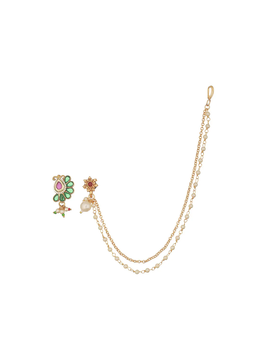 Gold-Plated White Kundan-Studded Clip-On Nose Pin With Beaded Extension