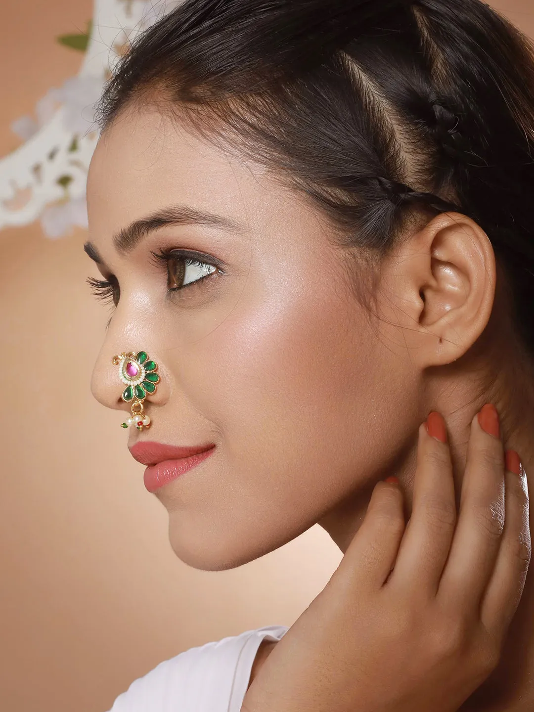 Gold-Plated White Kundan-Studded Clip-On Nose Pin With Beaded Extension