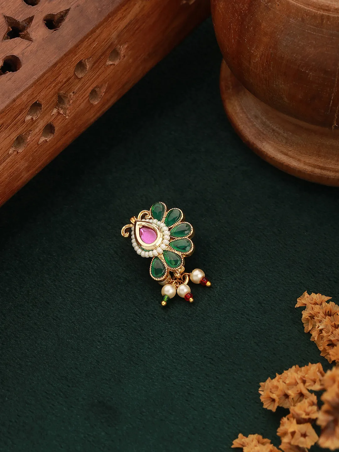 Gold-Plated White Kundan-Studded Clip-On Nose Pin With Beaded Extension